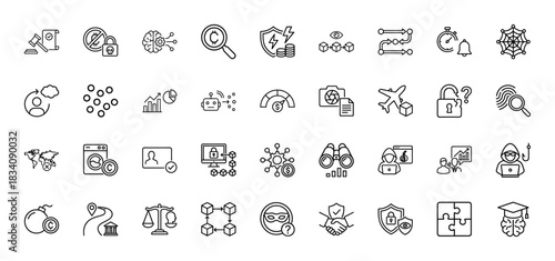 Cybersecurity and digital technology line icon set. Vector pictograms of blockchain, encryption, forensics, and fraud detection, thin linear illustration.