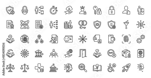 Decentralized finance and digital security line icon set. Vector pictograms of blockchain, kyc, data protection, and authentication, thin linear illustration.