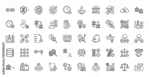 Finance and banking line icon set. Vector pictograms of money, investment, fintech, global economy, blockchain, security, payment, business, thin linear illustration