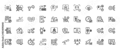 Technology and security line icon set. Vector pictograms of face recognition, dna, password, fingerprint, and shield, thin linear illustration.