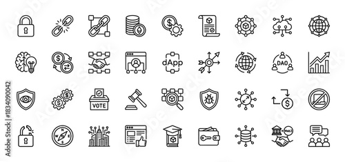 Decentralized finance and blockchain technology line icon set. Vector pictograms of security, currency, contract, governance, and cryptocurrency, thin linear illustration.