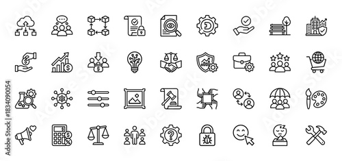 Business and management line icon set. vector pictograms of cloud network, team, analytics, and security, thin linear illustration.