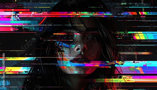 Ethereal portrait of a woman with glitchy colorful streaks across her face and hair, dark background