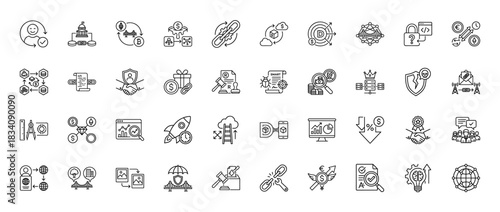 Fintech line icon set. Vector pictograms of cryptocurrency, blockchain, security, and smart contract technology, thin linear illustration.