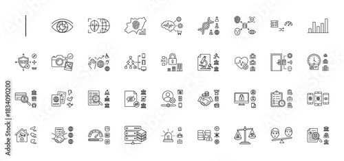 Data security and finance line icon set. vector pictograms of face recognition, fingerprint, dna, card payment, and balance, thin linear illustration.