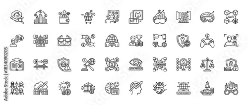 Future economy and finance line icon set. Vector pictograms of blockchain, nft, cryptocurrency, security, and startup, thin linear illustration.