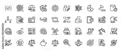 Technology and development line icon set. Vector pictograms of security, data flow, analysis, coding, and optimization, thin linear illustration.