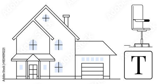 Real estate, architecture, home office, modern design, workplace, typography. Minimalist family house with garage and windows, office chair and capital letter T. Architecture and home office