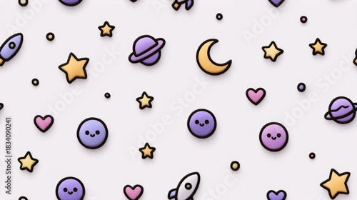 Cute seamless space pattern art featuring doodles of planets and stars whimsical background high-fidelity design