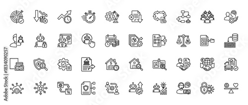 Business and finance automation line icon set. Vector pictograms of machine learning, security, data, and real estate, thin linear illustration.