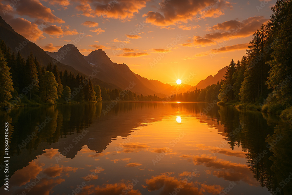 Fototapeta premium Golden Sunset Over Tranquil Mountain Lake