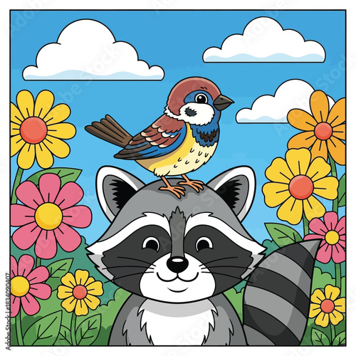 Cute cartoon raccoon and sparrow bird best friends vector illustration featuring a happy raccoon with a bird on its head surrounded by colorful spring flowers and blue sky