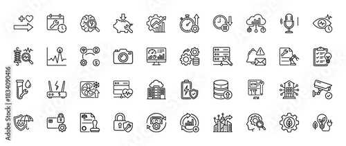 Technology and engineering line icon set. vector pictograms of data, maintenance, security, and finance, thin linear illustration.
