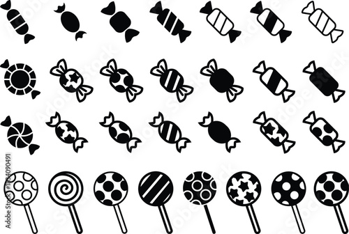 Candy sweets icon set collection group in black flat line style featuring confection, dessert, treat, bonbon, sugar, snack and related synonym elements for holiday graphics, packaging, party design an