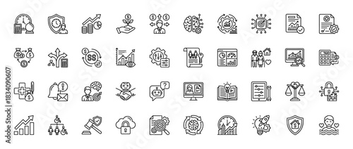 Business and finance line icon set. Vector pictograms of investment, security, data analysis, and technology, thin linear illustration.