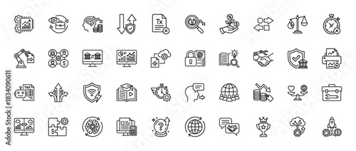 Business and finance line icon set. Vector pictograms of digital transformation, data analysis, strategy, and security, thin linear illustration.