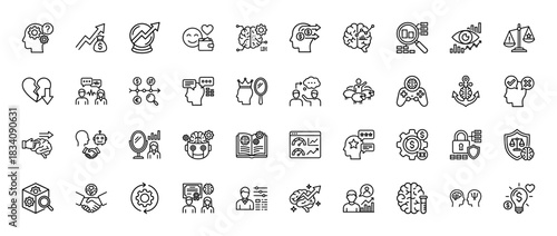 Behavioral economics and cognitive science line icon set. Vector pictograms of decision-making, brain analysis, money, and psychology, thin linear illustration.