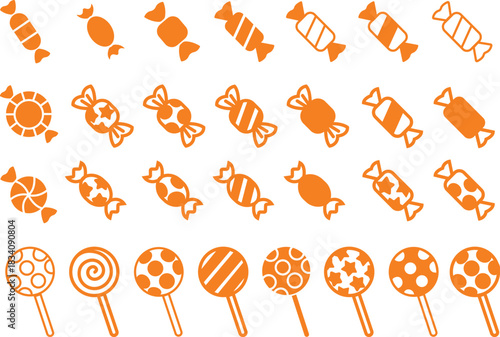 Candy sweets icon set collection group in colorful flat line style featuring confection, dessert, treat, bonbon, sugar, snack and related synonym elements for holiday graphics, packaging, party design