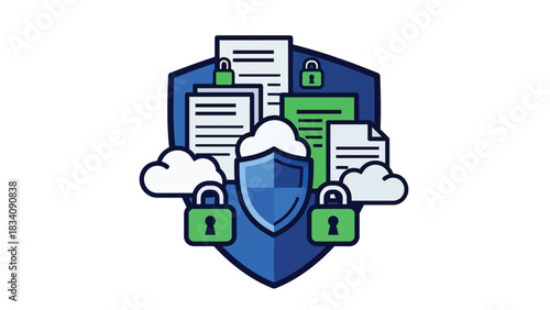Flat cybersecurity illustration with shield icon protecting files and cloud data, ideal for digital safety education, IT security campaigns, and online protection content