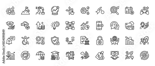 Business and finance line icon set. Vector pictograms of settings, growth, savings, strategy, and security, thin linear illustration.
