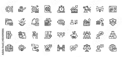 Finance and business line icon set. Vector pictograms of subscription, investment, analytics, security, and strategy, thin linear illustration.