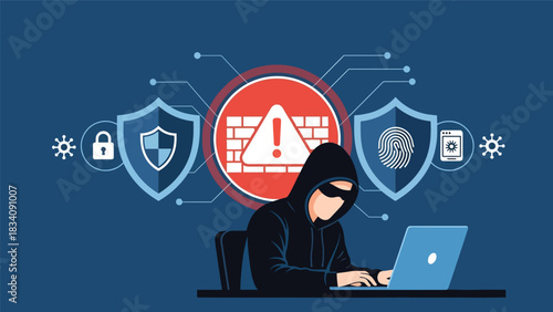 Modern flat illustration showing a blocked hacking attempt with alert icons and security barriers, perfect for awareness campaigns and online safety visuals
