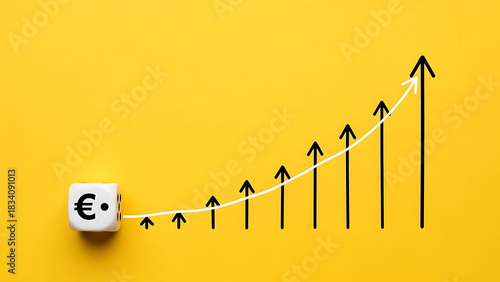 Euro currency symbol on dice with upward trending graph on yellow background
