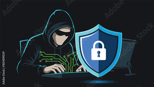 Modern flat illustration showing a blocked hacking attempt with alert icons and security barriers, perfect for awareness campaigns and online safety visuals