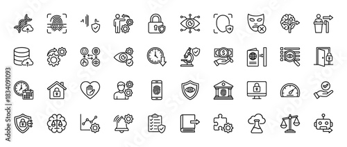 Cybersecurity and data protection line icon set. Vector pictograms of fingerprint, database, locked door, and identity, thin linear illustration.