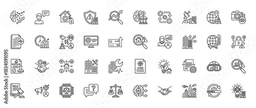 Real estate and property technology line icon set. Vector pictograms of mortgage, lease, smart house, and repair, thin linear illustration.