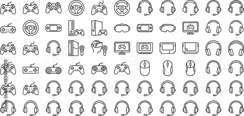 Extensive collection of minimalist gaming icons featuring controllers, headsets, consoles, VR devices, accessories, and e-sports elements for modern digital entertainment design