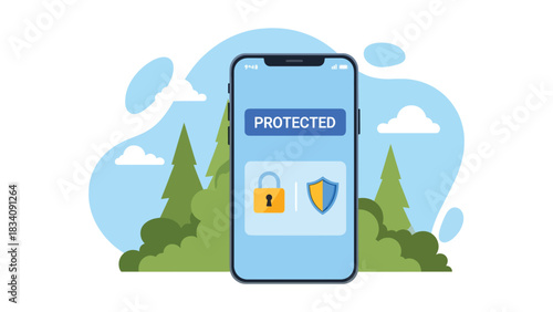 Flat vector secure mobile banking scene with shield icon and verified payment, ideal for fintech safety content and financial cyber protection visuals