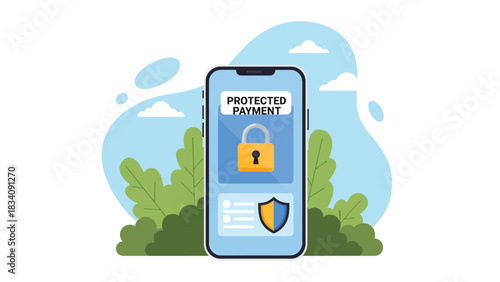 Flat vector secure mobile banking scene with shield icon and verified payment, ideal for fintech safety content and financial cyber protection visuals
