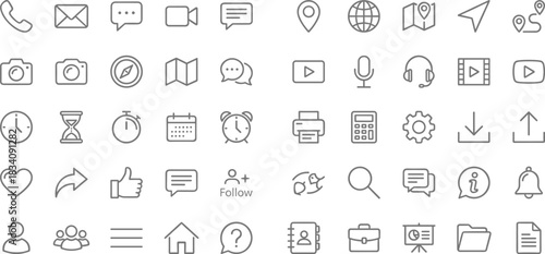 Minimalist communication, navigation, media, productivity, and social interaction icon set designed for modern apps, digital interfaces, user experience tools, and web design projects