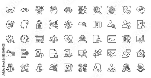 Security, privacy, and technology line icon set. Vector pictograms of fingerprint, brain, dna, and lock, thin linear illustration.