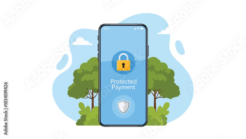 Flat vector secure mobile banking scene with shield icon and verified payment, ideal for fintech safety content and financial cyber protection visuals