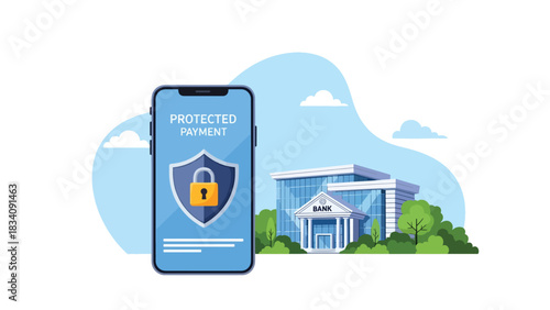 Flat vector secure mobile banking scene with shield icon and verified payment, ideal for fintech safety content and financial cyber protection visuals