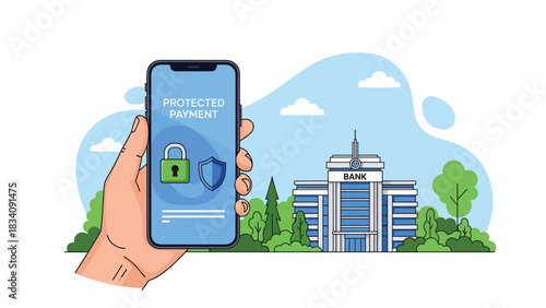 Flat vector secure mobile banking scene with shield icon and verified payment, ideal for fintech safety content and financial cyber protection visuals