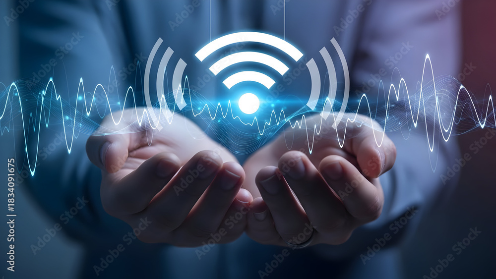 © Saeed_Collection - Connecting Digital Signals Hands Holding Wi-Fi Icon Amidst Data Waves © Saeed_Collection - Connecting Digital Signals Hands Holding Wi-Fi Icon Amidst Data Waves