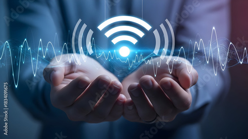 Connecting Digital Signals Hands Holding Wi-Fi Icon Amidst Data Waves