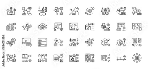 Artificial intelligence and technology line icon set. Vector pictograms of machine learning, ar, vr, coding, and creativity, thin linear illustration.