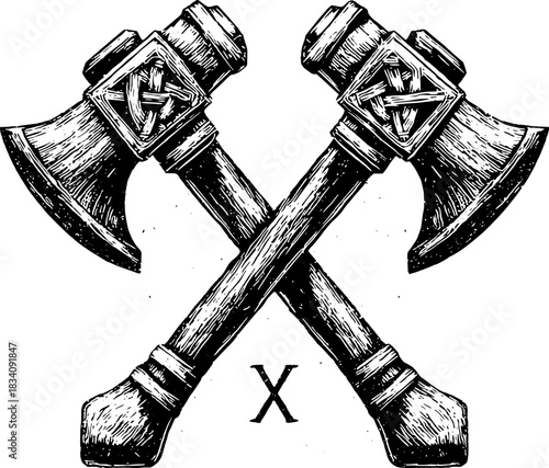 Viking Axes Vector, Crossed Nordic Battle Axes Engraving, Vintage Black White Warrior Symbol Illustration