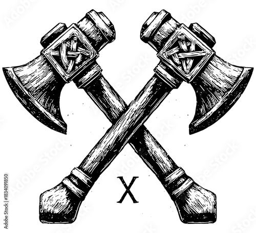 Viking Axes Vector, Crossed Nordic Battle Axes Engraving, Vintage Black White Warrior Symbol Illustration