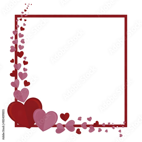 Decorative red square frame adorned with cascading pink and red hearts isolated on transparent background