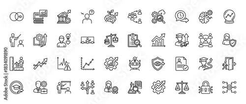 Business and education line icon set. Vector pictograms of research, growth, learning, and analysis, thin linear illustration.