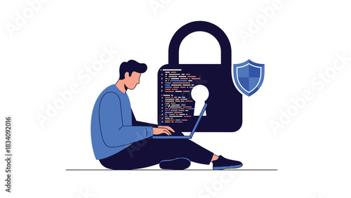 Flat vector developer writing secure code with encrypted lock icons, ideal for tech training, programming education, and cybersecurity development topics