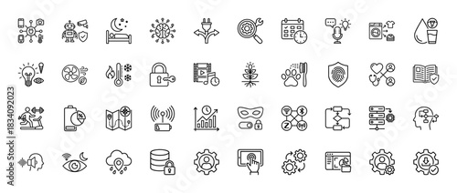 Smart home and internet of things line icon set. Vector pictograms of security, automation, tracking, data, and planning, thin linear illustration.
