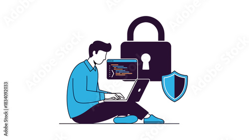 Flat vector developer writing secure code with encrypted lock icons, ideal for tech training, programming education, and cybersecurity development topics