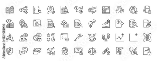Business and strategy line icon set. Vector pictograms of research, analytics, security, and growth concepts, thin linear illustration.