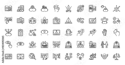 Virtual and augmented reality technology line icon set. Vector pictograms of headset, hand gesture, and interactive display, thin linear illustration.